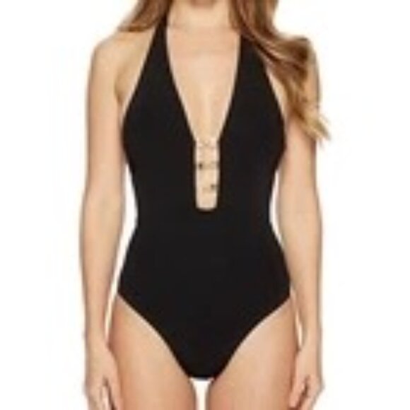 Tory Burch Black Gemini Link Plunge One-Piece Swimsuit Size Medium - Picture 4 of 8